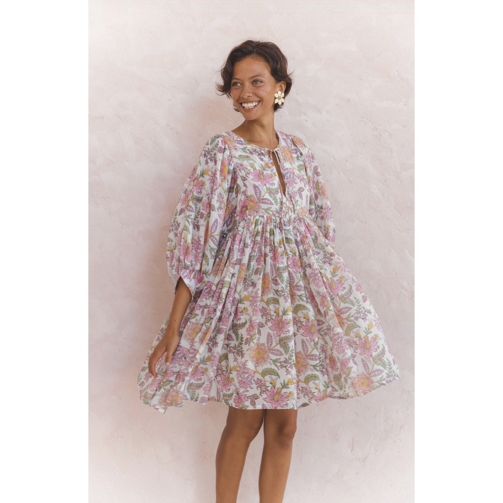 Daughters of India | Kyra Floral Dress Fuchsia Bloom Cotton | Sz M